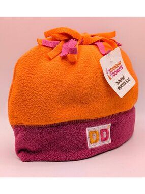 NEW Dunkin Donuts Beanie Skull Cap Hat Toque Orange Pink Promo Winter Fleece NWT